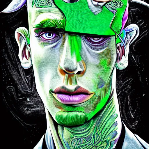 Image similar to an extremely psychedelic portrait of mgk as the riddler, surreal, lsd, face, detailed, intricate, elegant, lithe, highly detailed, digital oth, sharp focus, illustration,