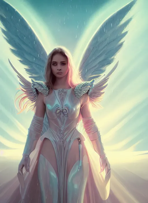 Image similar to angel with big wings, low key light, full plate armor with cloth, f 1 6, bokeh, extreme close up portrait, gentle, female, mountain, storm, god rays, landscape, d & d, fantasy, elegant, teal pink white gold color palette, concept art, moebius, greg rutkowski, alphonse mucha