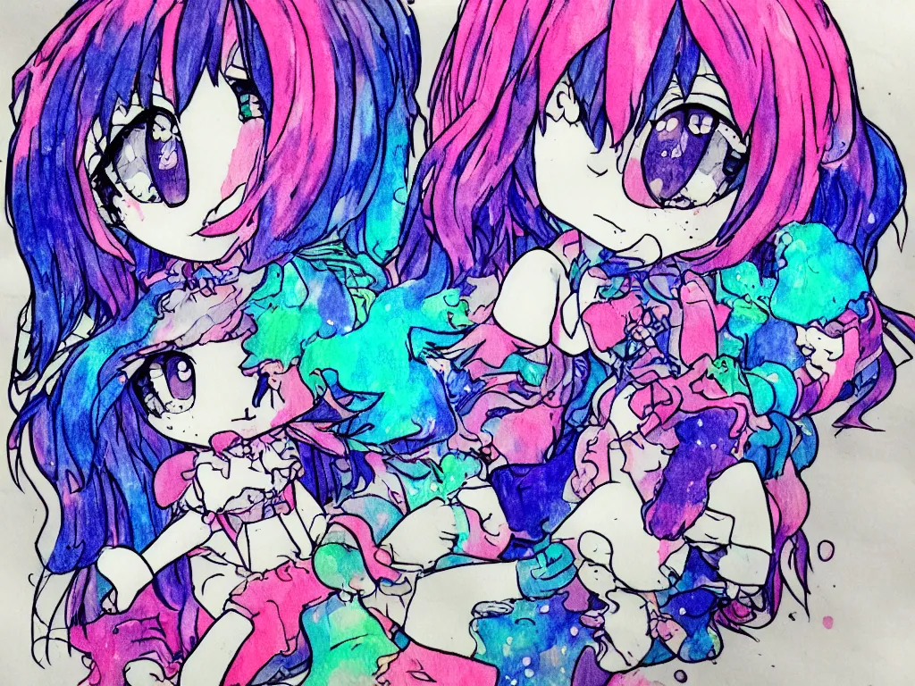 Prompt: glitched color pen plotter outline drawing of a cute fumo plush girl, rendering error, anime, cursed enigmatic gothic maiden, splashed leaking wet watercolor all over