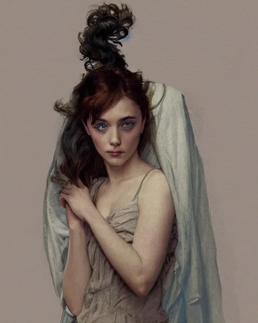 Prompt: a girl that looks like 16-year old Saoirse Ronan, Audrey Hepburn, and Scarlett Johansson, dressed in a nightgown, highly detailed, digital painting, artstation, concept art, smooth, sharp focus, illustration, ArtStation, alphonse mucha and J. C. Leyendecker and Edmund Blair Leighton Donato Giancola