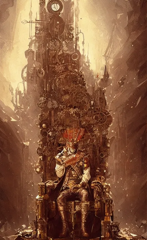Prompt: « beautiful comic style painting of steampunk king on the throne by greg rutkowski, very detailed »