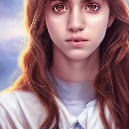 Image similar to hermione granger, professionally retouched, realistic, smooth face, perfect eyes, symmetrical, full body shot, wide angle, sharp focus, 8 k high definition, insanely detailed, intricate, elegant, art by artgerm