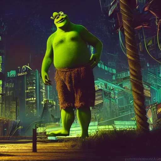 Prompt: Shrek, Swamp, Louisiana, Photorealistic, Hyperdetailed, Cyberpunk, Neon lights, City background, Ultradetailed, Cyborg, Futuristic, Far Future, Sci-fi, 4k