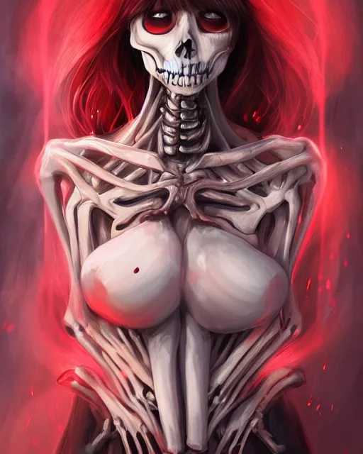 Image similar to A realistic anime portrait of a beautiful skeleton woman with glowing red eyes wearing clothes made of skulls, digital painting, by Stanley Artgerm Lau, Sakimichan, WLOP and Rossdraws, digtial painting, trending on ArtStation, SFW version