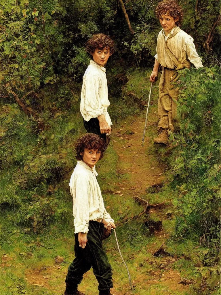 Image similar to a portrait of frodo baggins walking in the shire by Norman Rockwell