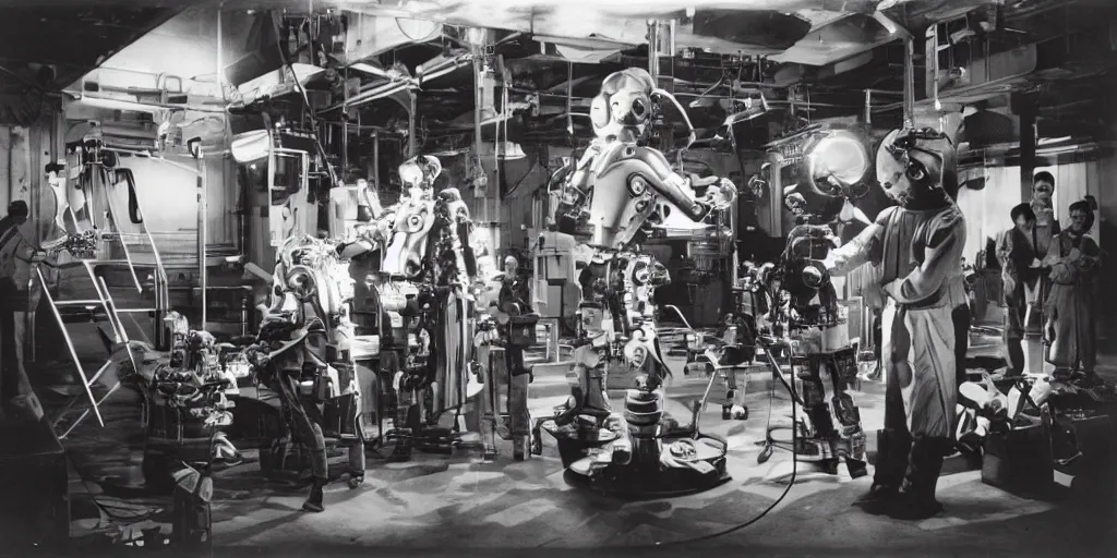 Image similar to a futuristic film studio with robot technicians preparing a scene with frightened human beings by Stanley kubrick, sci-fi, color vibe, reimagined by industrial light and magic