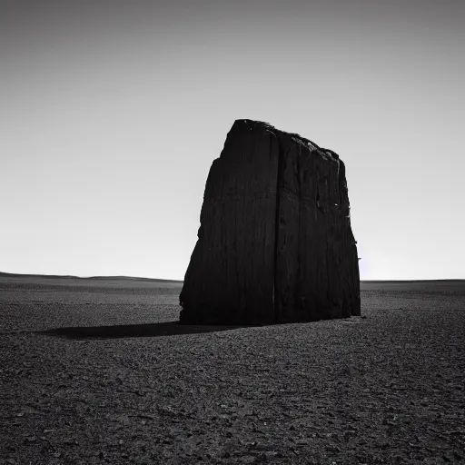 Image similar to high quality dslr photograph of a mysterious gigantic black monolith emerging from the middle of a barren desert. alien structure, masterpiece, stunning, amazing, super resolution. atmospheric, Extremely detailed