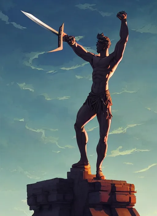 Prompt: statue of a victorious warrior raising his sword to the sky, heroic, glorious, in the style of artgerm, gerald brom, atey ghailan and mike mignola, vibrant colors and hard shadows and strong rim light, plain background, comic cover art, trending on artstation