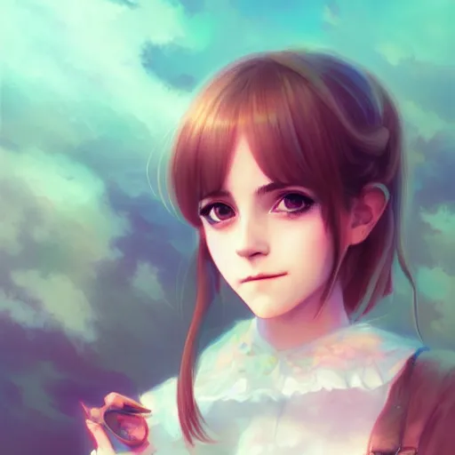 Image similar to pastel anime portrait of emma watson as an anime girl by Stanley Artgerm Lau, WLOP, Rossdraws, James Jean, Andrei Riabovitchev, Marc Simonetti, and Sakimichan, trending on artstation