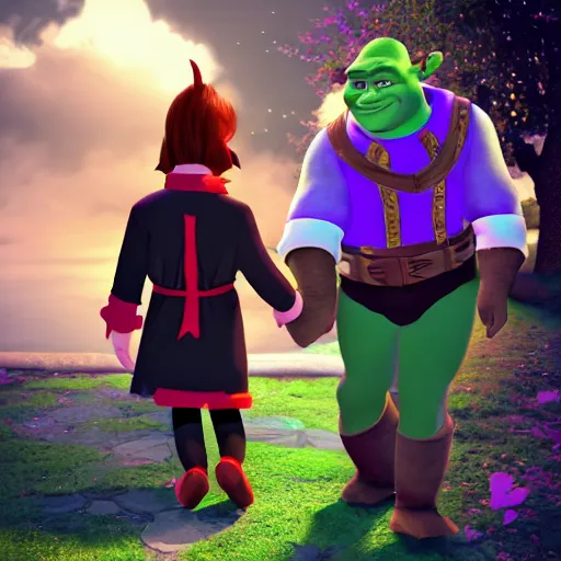 Image similar to a photo of shrek and shadow the hedgehog holding hands in a park