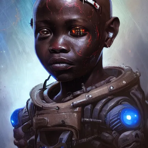 Image similar to a dark and ominous cyborg african child soldier with glowing eyes and facial scarification marks, Apex Legends character digital illustration portrait design, by android jones and greg rutkowski in a cyberpunk voodoo style, detailed, cinematic lighting, wide angle action dynamic portrait