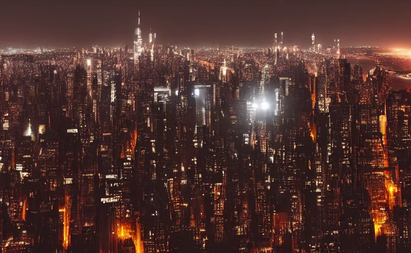 Image similar to a spaceship designed by peter schreyer flying over NYC in style of blade runner, 8K