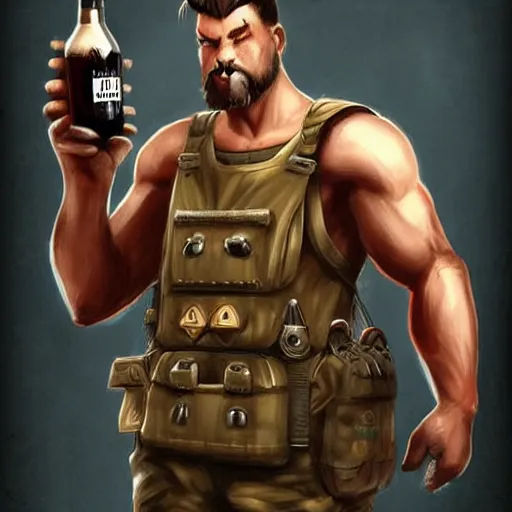 Image similar to a humanoid german shepherd beast - man in military style, holding a bottle of beer, artstation, concept art, smooth, sharp foccus ilustration, artstation