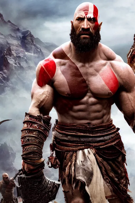 Image similar to film still from god of war, a highly detailed beautiful closeup photo of dwayne johnson kratos holding a sword and fighting zombies on a pile of human skulls, spartan warrior, olympian god, muscular!,, action pose, ambient lighting, volumetric lighting, octane, fantasy