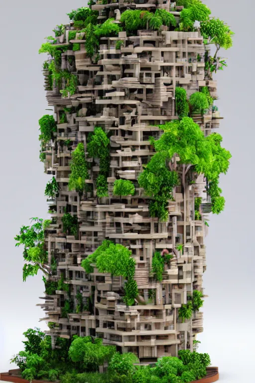 Prompt: 3 d printed physical model organic flowy including more than one city into one vertical building model that sits on a table in a room with a view back, multiple stories, transparent, with vegetation, colorful, wooden material, section cut, eye - level view, 8 0 k, octane render, highly detailed 3 d render,