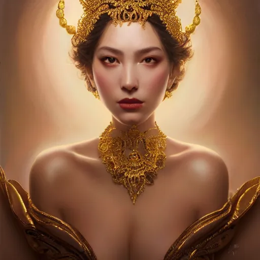 Prompt: expressive oil painting, of alluring european princess, seductive look, smirking, smooth glowing skin, glistening body, love, adoration, ornate headpiece made of beads, glamour shot, by yoshitaka amano, by greg rutkowski, by jeremyg lipkinng, by artgerm, digital art, octane render, white dress