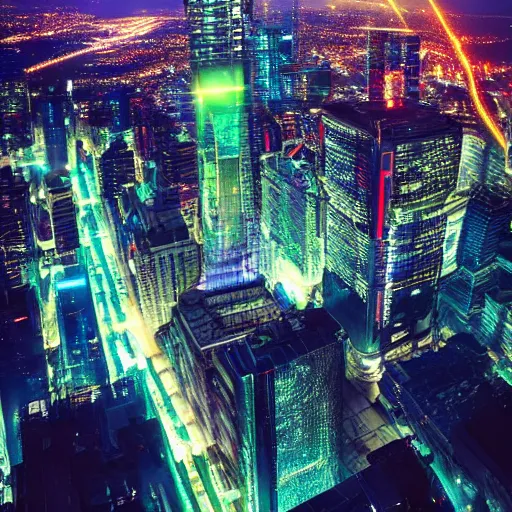 Prompt: A futuristic city street lit by a massive arcology building, viewed from a high vantage point. A large, smokestack-like tower rises into the air, its many reflective surfaces reflecting the neon lights of the city below.