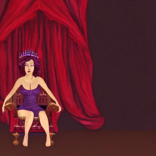 Prompt: A skinny woman with purple hair wearing a crown, sitting in a red throne in a dark room. Digital painting.