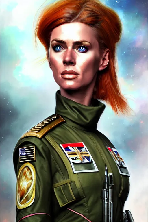 Prompt: epic professional digital art of female irish supermodel starship military officer, painting, by neal adams and joelle julie, artstation, cgsociety, wlop, epic, much wow, much detail, gorgeous, detailed, masterpiece