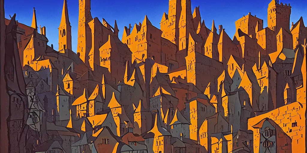 Prompt: medieval town, gouache, animated film, stylised, illustration, by eyvind earle, scott wills, genndy tartakovski, syd mead