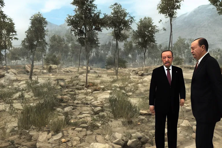 Image similar to tayyip erdogan receiving a quest in an open world game, hyperralistic, unreal engine, 8 k, raytracing, subsurface scattering