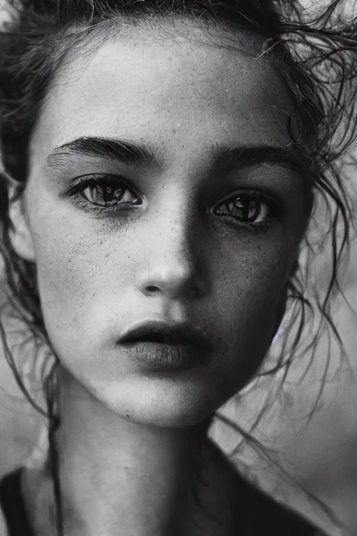 Image similar to extreme close-up black and white portrait, fashion model face, Peter Lindbergh, 35mm, film photo, small aperture