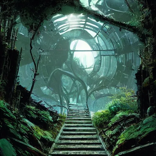 Prompt: stairs leading to a derelict portal in a middle of a snowy lush futuristic forest, alien world seen through a portal, daylight, cinematic lighting, blue sky, syd mead, john harris