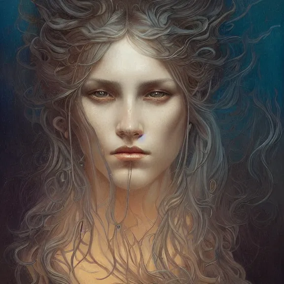 Image similar to a highly detailed beautiful portrait in the style of jean delville and in the style of peter mohrbacher.