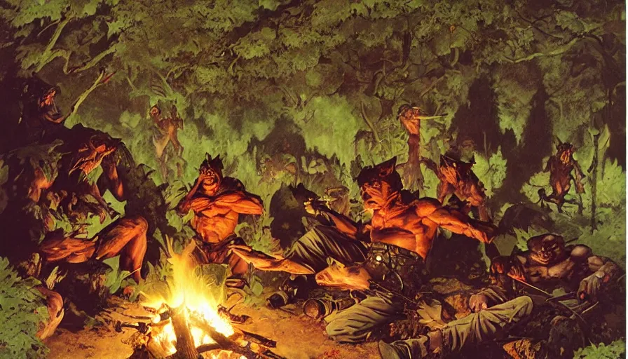 Prompt: goblins sitting around a campfire in a woodland clearing at night, by Frank Frazetta, by Marc Simonetti, highly detailed, soft lighting, oil on canvas