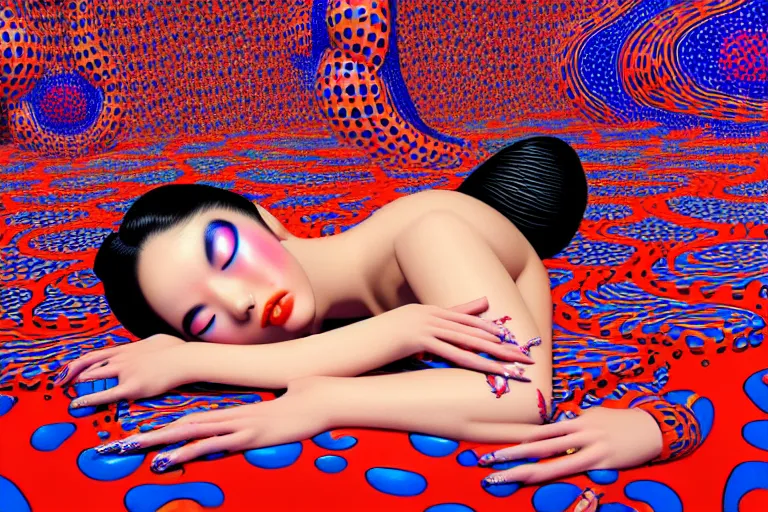 Image similar to hyperrealistic detailed image of a geisha laying in a art installation room, psychedelic background by yayoi kusama, part by kei mieno, part by alex gray, part by ross tran, part by james jean, ultra realistic, highly detailed, life like face, detailed body, 8 k, octane render, trending on artstation, very cohesive, masterpiece
