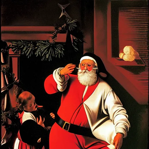 Image similar to Santa pouring burning a Christmas tree Painted by Caravaggio