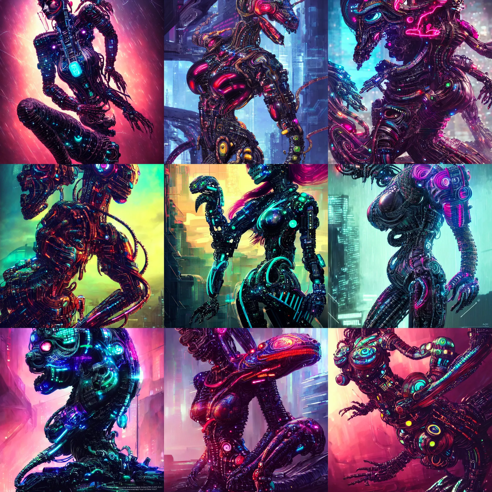 Prompt: ultra detailed stunning battle pose of an animatronic cybernetic serpent woman, cyberpunk concept art by wlop, Druillet, xsullo, colorful, front view, 8k, coherent, akira vibes, uplifting, coherent, artgerm, uplifting, unreal engine, magical composition, artstation