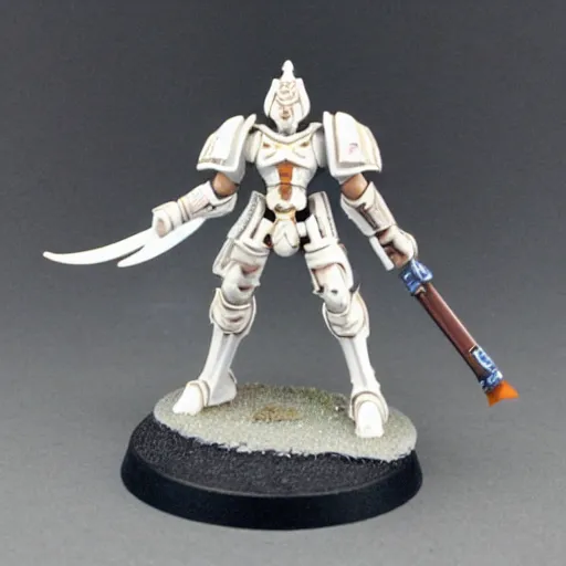 Prompt: photo of a tau ethereal from warhammer, white armor, tech staff, warhammer model, figurine, highly detailed, sharp focus