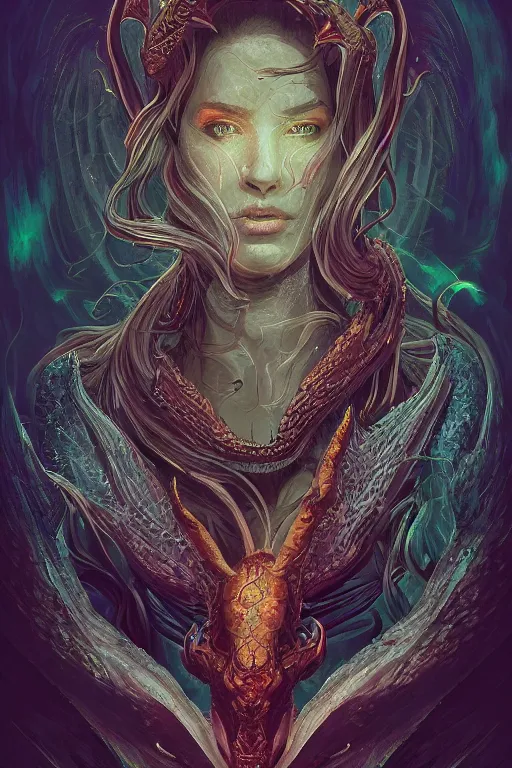 Prompt: portrait of jewel bone-dragon oracle physically accurate, moody dynamic lighting, very very intricate, very very elegant, highly detailed, digital painting, artstation, in the style of Rob Lefield and Dan Mumford , trending on artstation, digital art,surrealism ,macro,blueprint ,vaporwave ,