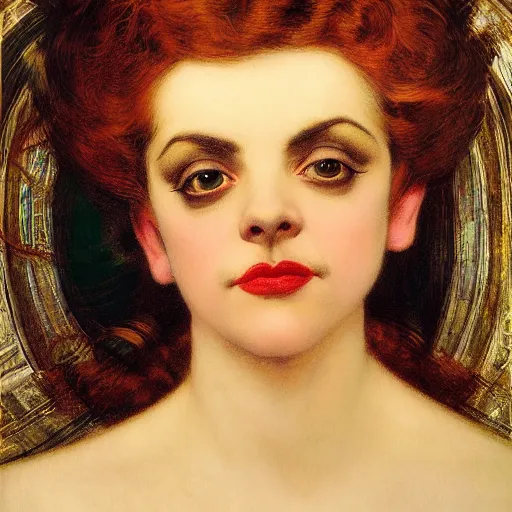 Prompt: portrait of a hybrid of a hybrid of judy garland and lady gaga and christina ricci, with downward slanting eyes, with a brown fringe, holman hunt, john william waterhouse, kilian eng, rosetti, john everett millais, william holman hunt, 4 k