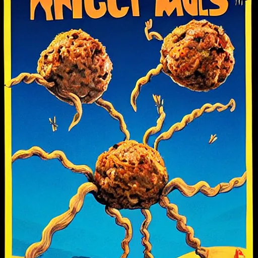 Prompt: attack of the flying spaghetti and meatballs monster, movie art poster, by gerard brom and ansel adams