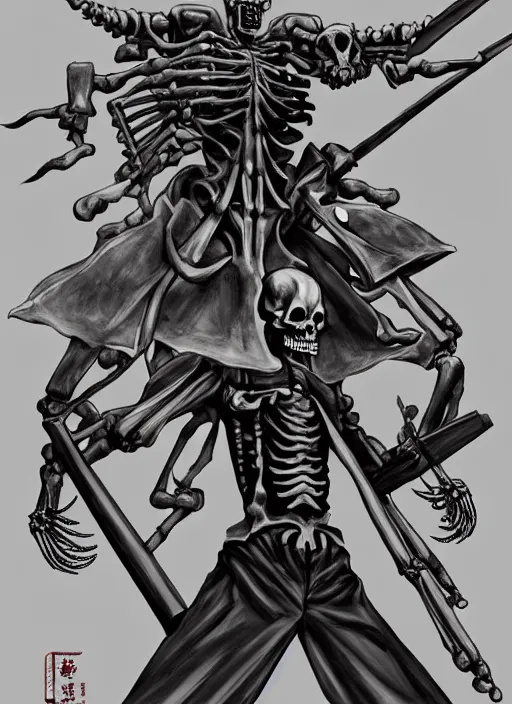 Image similar to shin megami tensei art of a demon that is a skeleton soviet soldier from 1 9 2 0 s wearing a budenovka, art by kazuma kaneko, demonic! compedium!, law aligned, digital drawing, white background, very high quality, very highly detailed