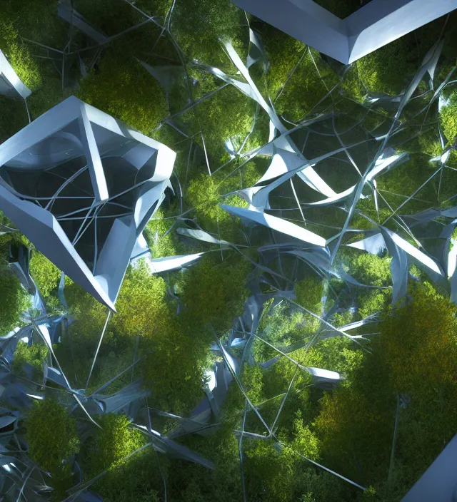 Image similar to hyperbolic megastructures and hyper cube architecture structures in rhythmic intervals aligned with trees and wildflowers, by glenn small, by albert bierstadt zaha hadid, photorealism, octane render, unreal engine, volumetric light, depth of field, volumetric clouds, god rays, lens flares, detailed, intricate, digital art, twin motion, megascan, high resolution, aerial view