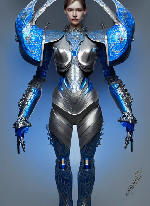 Image similar to ceramic cyborg armor, Chinese blue, diffuse lighting, fantasy, intricate, elegant, highly detailed, lifelike, photorealistic, digital painting, artstation, illustration, concept art, smooth, sharp focus, art by John Collier and Albert Aublet and Krenz Cushart and Artem Demura and Alphonse Mucha