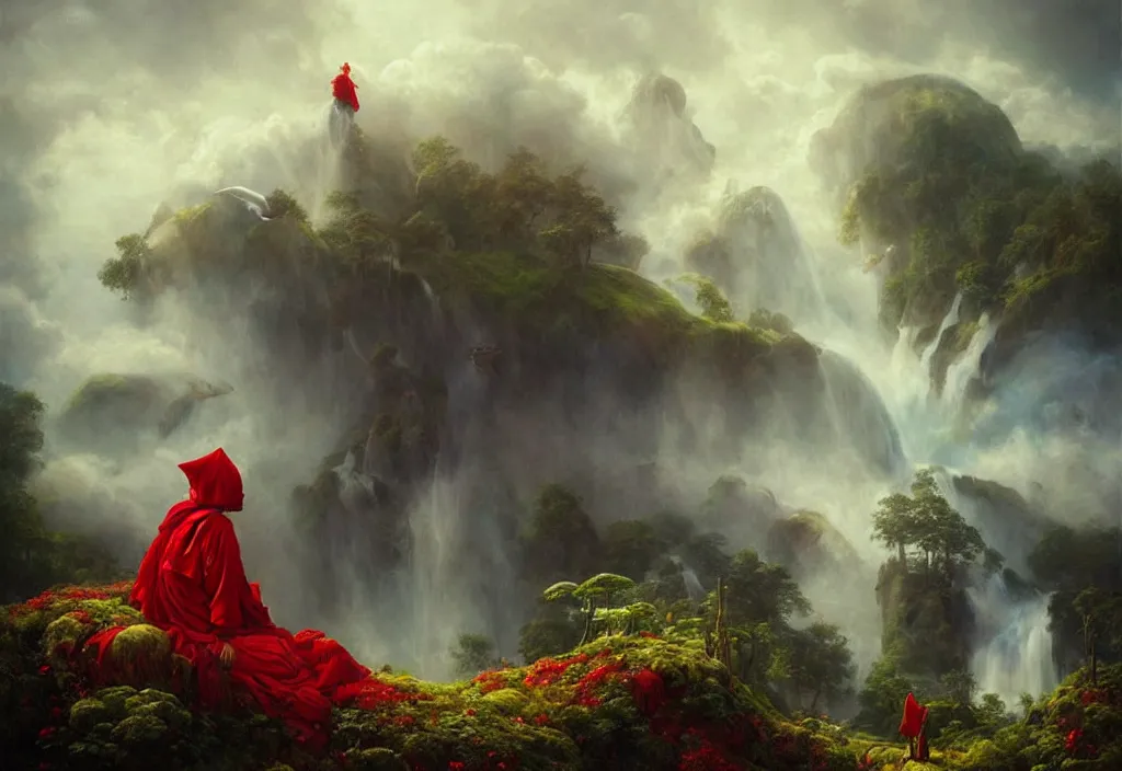 Prompt: floating lands in-clouds, foggy, volumetric fog, flying whales, sun beams, blooming, bird flocks!!, giant mushrooms, waterfalls, monks in red robes; by Tom Bagshaw, Ivan Shishkin, Hans Thoma, Asher Brown Durand