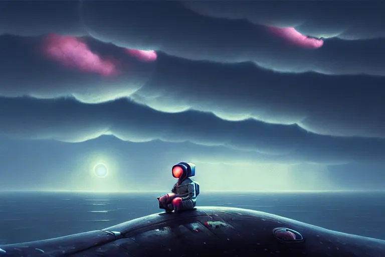 Prompt: an astronaut sitting on a giant whale with eerie mammatus clouds on the dark sky, cinematic lighting, insanely detailed, intricate, artstation, cgsociety, painted by Simon Stalenhag and Gediminas Pranckevicius, concept art, illustration, sharp focus,