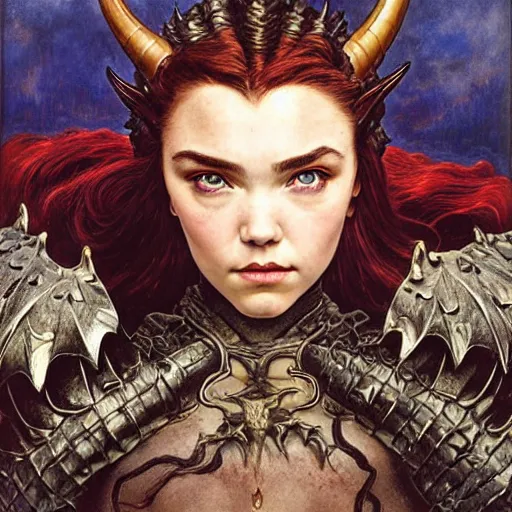 Image similar to head and shoulders portrait of an armored erinyes devil with huge bat wings, portrayed by florence pugh, d & d, fantasy, luis royo, magali villeneuve, donato giancola, wlop, krenz cushart, hans zatka, klimt, alphonse mucha