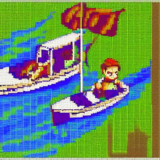 Image similar to 6 0 0 px by 6 0 0 px. expensive pixel work, dithered masterpiece, pixel art shrek fishing on a sailboat