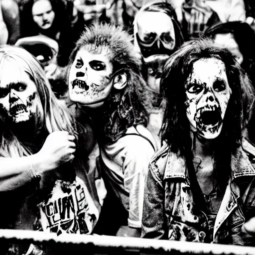 Image similar to zombies at a punk rock concert, highly detailed photo from 1985, black and white