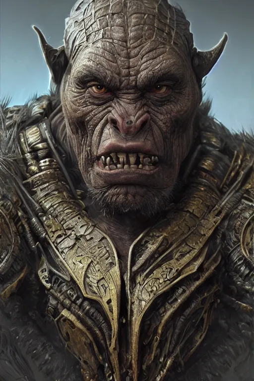 Image similar to realistic render portrait of an orc with intricate armor , intricate, dystopian toy, sci-fi, extremely detailed, digital painting, sculpted in zbrush, artstation, concept art, smooth, sharp focus, illustration, chiaroscuro lighting, golden ratio, incredible art by artgerm and greg rutkowski and alphonse mucha and simon stalenhag