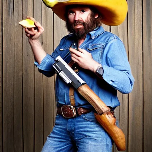 Prompt: gruff cowboy holding a banana like a gun