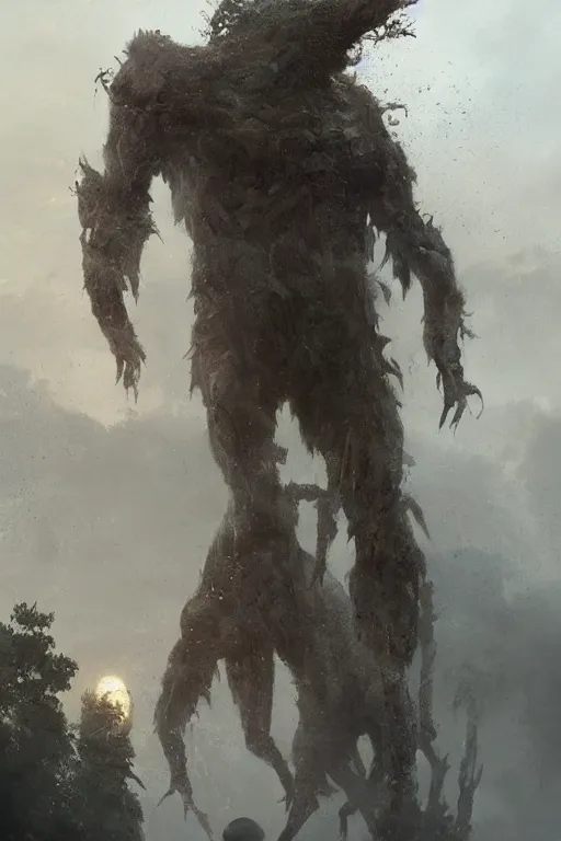 Image similar to a tall looming humanoid beast towers over a tiny human. at dawn, ethereal fantasy art by greg rutkowski