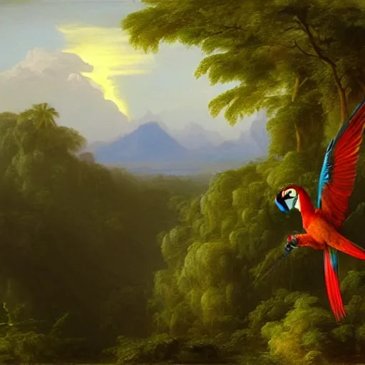 Image similar to gorgeous macaws flying at dawn in the distance through the forest, jungle mountains in the background, highly detailed, heavenly lighting, trending on art station, very detailed birds, painting by thomas cole