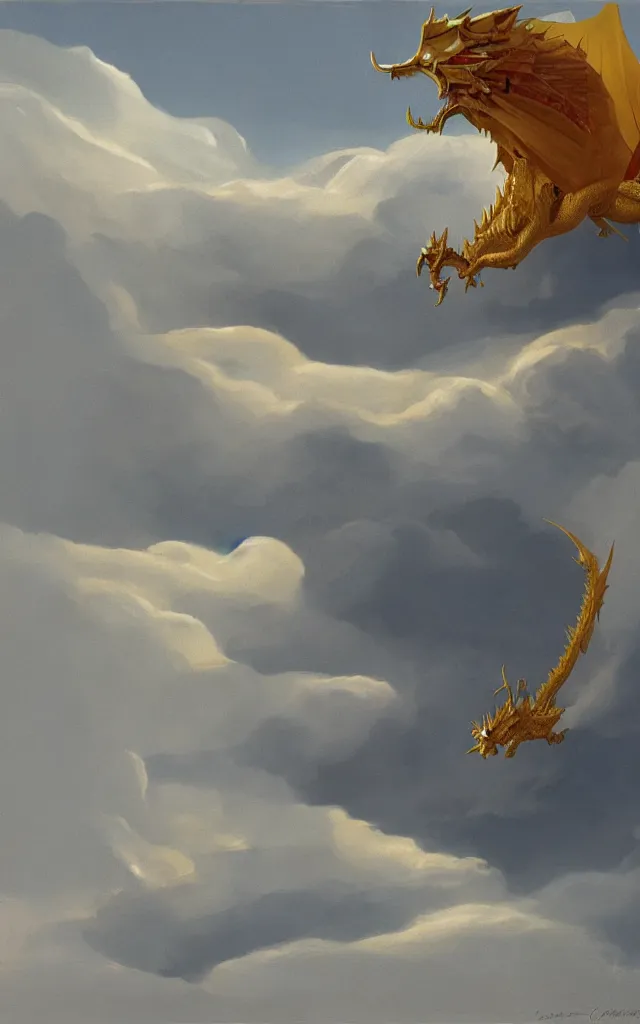 Image similar to pablo carpio's painting of a golden dragon in clouds, coloured