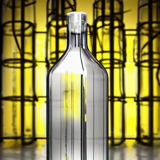 Prompt: an award - winning photo of a translucent glass vodka bottle heavily inspired by a propane cylinder in a grungy warehouse, dramatic lighting, sigma 2 4 mm, wide angle lens, ƒ / 8, behance